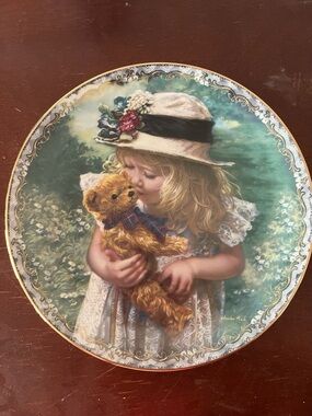 Decorative Collectible Plate - Girl with Teddy in Cream and Green